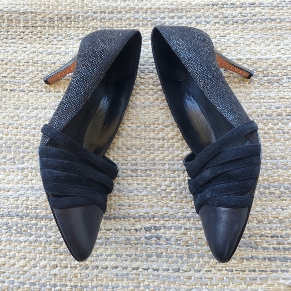 Rebecca Minkoff Snake Print Leather Suede Crisscross Studded Heels Black 10 - Picture 1 of 12
